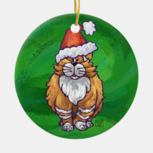 Ornement Rond En Céramique Ginger Cat Christmas On Green