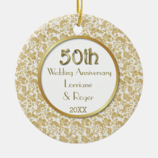 Ornement Rond En Céramique Gold Floral Elegance 50e anniversaire Mariage