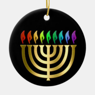 Ornement Rond En Céramique Gold Menorah Rainbow Flames Hanoukka Ornament