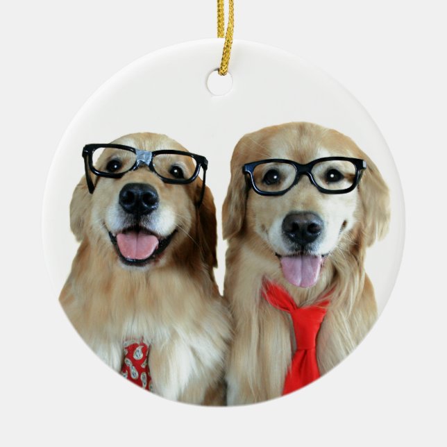 Ornement Rond En Céramique Golden retriever avec les verres nerd (Devant)