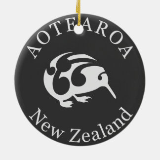 Ornement Rond En Céramique Grey Kiwi avec Koru, Aotearoa, Nouvelle-Zélande