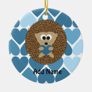 Ornement Rond En Céramique Hérisson et Coeurs Bleus