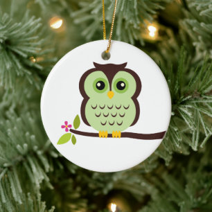 Ornement Rond En Céramique Hibou vert mignon