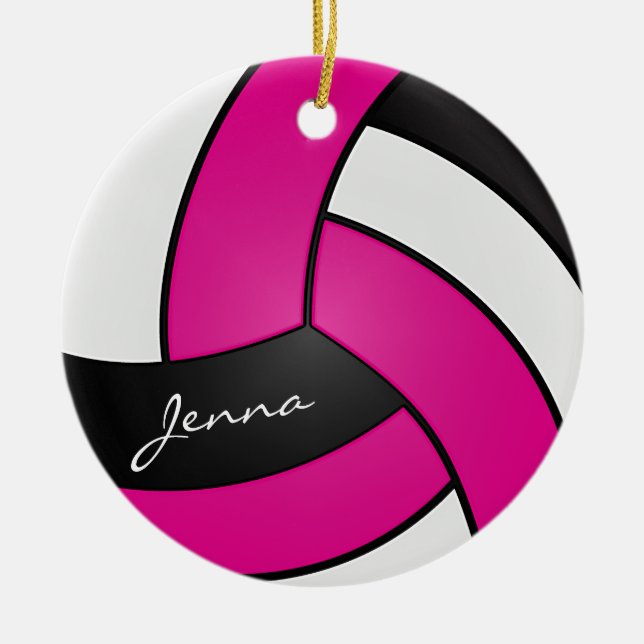 Ornement Rond En Céramique Hot Pink, White & Black Personalize Volleyball 🏐 (Devant)