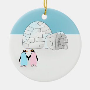 Ornement Rond En Céramique Igloo avec pingouins colorés
