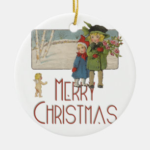 Ornement Rond En Céramique Illustration Antique Enfants Noël 1920
