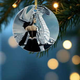 Ornement Rond En Céramique Imaginaire de dragon blanc de la reine d'hiver