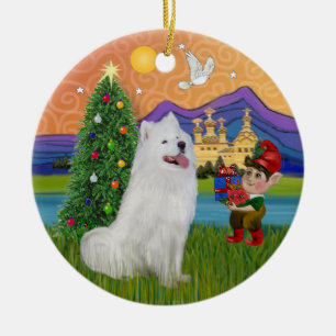 Ornement Rond En Céramique Imaginaire de Noël - Samoyed