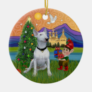 Ornement Rond En Céramique Imaginaire de Noël - White Bull Terrier (P)