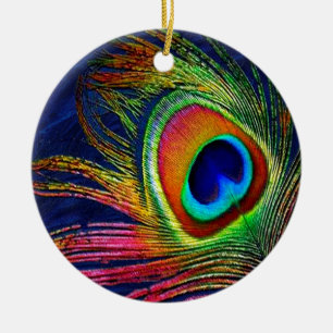 Ornement Rond En Céramique Impression de plume de paon colorée