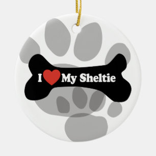 Ornement Rond En Céramique J'aime mon Sheltie - os de chien