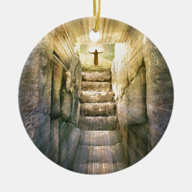 Ornement Rond En Céramique Jésus à la résurrection vide de Pâques de tombe (Devant)