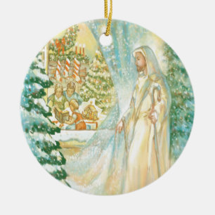 Ornement Rond En Céramique Jésus à Noël regardant par le voile de la neige