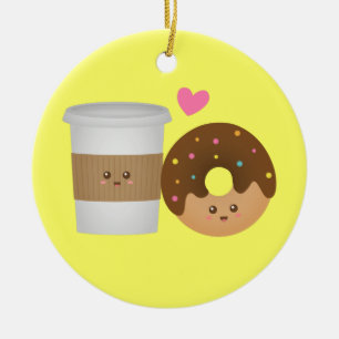 Ornement Rond En Céramique Joli café et beignet amoureux, un couple parfait