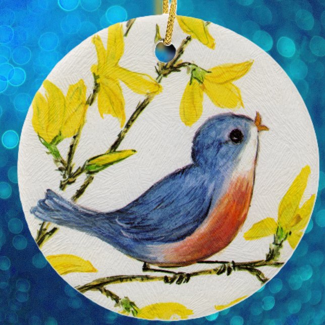 Ornement Rond En Céramique Joli Chanteur Oiseau Bleu Arbre (Cute singing blue and red bird on branch yellow flowers on white hanging ornament.)