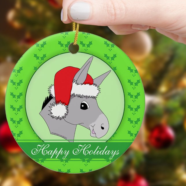 Ornement Rond En Céramique Joli Père Noël Donkey Holly Joyeux Fêtes Noël (Cute Santa Donkey Holly Happy Holidays Christmas Ceramic Ornament with Personalized Greeting)