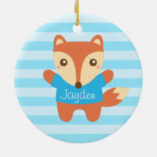 Ornement Rond En Céramique Joli petit renard en bleu, pour les enfants