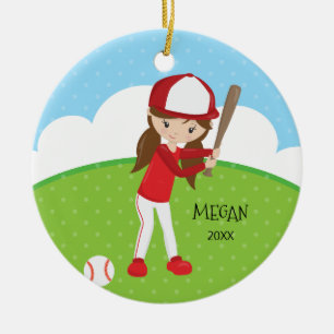 Ornement Rond En Céramique Jolie fille brune baseball Noël personnalisé