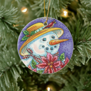Ornement Rond En Céramique Jolie fille de Noël Bonhomme de neige avec Poinset