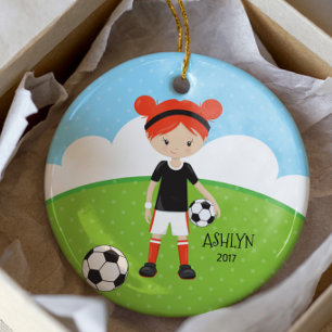 Ornement Rond En Céramique Jolie Tête Rouge Fille Football Noël personnalisé