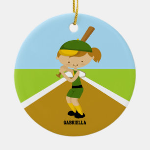 Ornement Rond En Céramique Joueur de base-ball mignon en ornement vert et