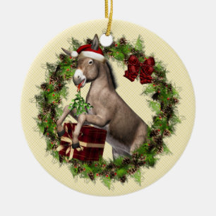 Ornement Rond En Céramique L'âne porte le chapeau du Père Noël dans l'orne