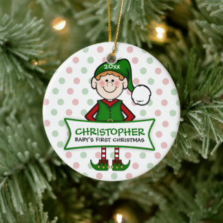 Ornement Rond En Céramique Le 1er Elf Boy de Noël du bébé