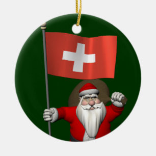 Ornement Rond En Céramique Le Père Noël Avec L'Enseigne Suisse