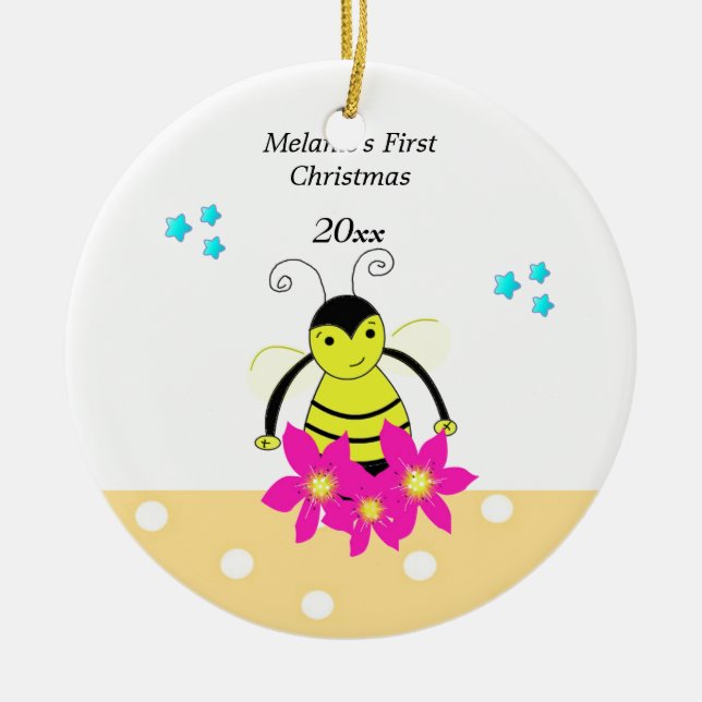 Ornement Rond En Céramique Le premier Noël du bébé d'abeille (Devant)