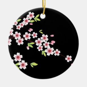 Ornement Rond En Céramique Le Sakura noir aux fleurs de cerisiers roses et ve