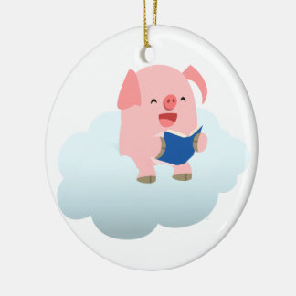 Ornement Rond En Céramique Lecteur de cochon de dessin mignon sur l'ornement