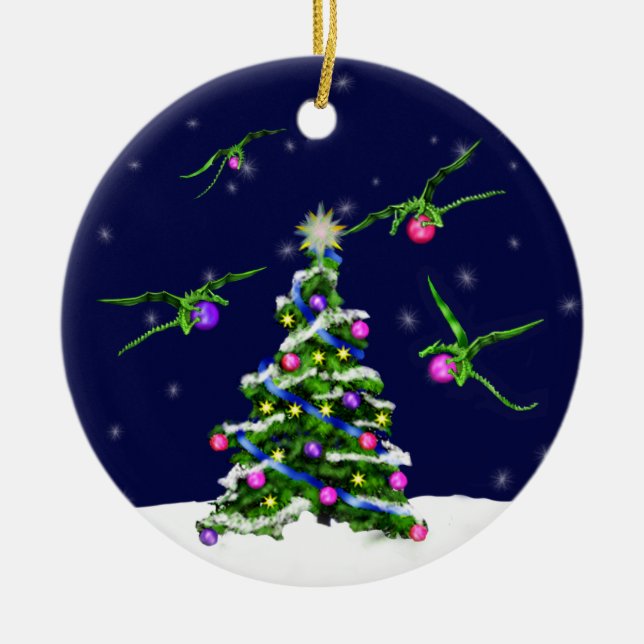 Ornement Rond En Céramique Les dragons verts de bébé encerclent un arbre de (Devant)