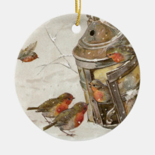 Ornement Rond En Céramique Les oiseaux trouvent l'abri dans Noël de cru de