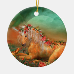 Ornement Rond En Céramique Licorne de l'ornement de vacances de roses
