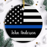 Ornement Rond En Céramique Ligne Bleue Mince - Officier de Police - Drapeau A<br><div class="desc">Présentez notre décor de police de la Ligne Bleue Mince, l'ajout parfait à votre décor de vacances et un cadeau réfléchi pour n'importe quel policier de votre vie. Cet ornement inspiré du drapeau américain présente une ligne bleue audacieuse qui rend hommage aux hommes et aux femmes courageux qui servent et...</div>