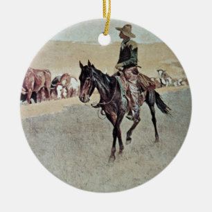 Ornement Rond En Céramique Longhorns de remorquage du Texas (huile sur la