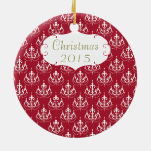 Ornement Rond En Céramique Lustre rouge de Noël Photo de famille #5 Damassé