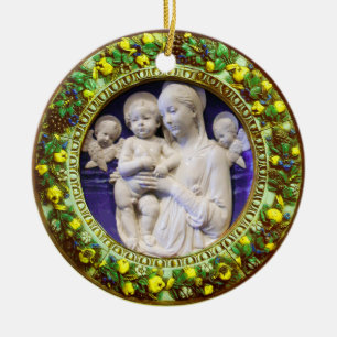 Ornement Rond En Céramique MADONNA AVEC ENFANT, ANGELS FLORAL CROWN Blue Gem