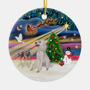 Ornement Rond En Céramique Magie de Noël - Caniche (Blanc standard, rubans)