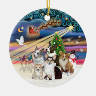 Ornement Rond En Céramique Magie de Noël - Cinq Corgis gallois
