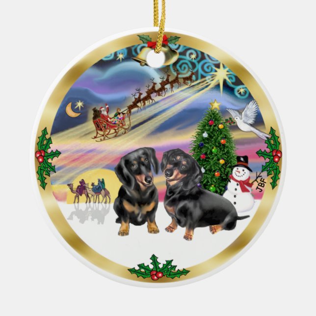 Ornement Rond En Céramique Magie de Noël - Deux Dachshunds noirs (Devant)