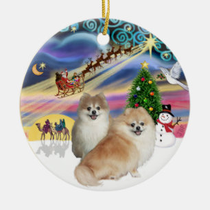 Ornement Rond En Céramique Magie de Noël - Deux Pomeranians (WS + fauve)
