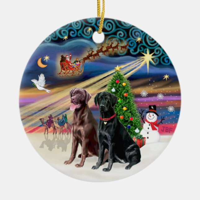 Ornement Rond En Céramique Magie de Noël - Labradors (noir + chocolat) (Devant)