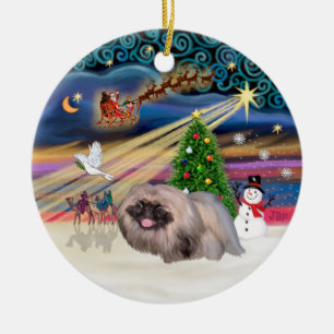 Ornement Rond En Céramique Magie de Noël - Pékinois (masque noir-abrikoot)