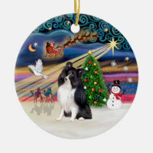 Ornement Rond En Céramique Magie de Noël - Sheltie (bi-noir)