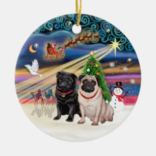 Ornement Rond En Céramique Magie de Noël - Teckels (DEUX-fauve+noir)