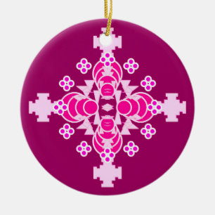 Ornement Rond En Céramique Mandala en quatre points - rose pâle et prune