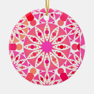 Ornement Rond En Céramique Mandala motif, tons rose et corail