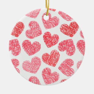 Ornement Rond En Céramique Mignonne Rouge Doodled Heart Valentine's Day Motif