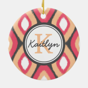 Ornement Rond En Céramique Monogram Ikat Diamonds Pattern Pink Grey